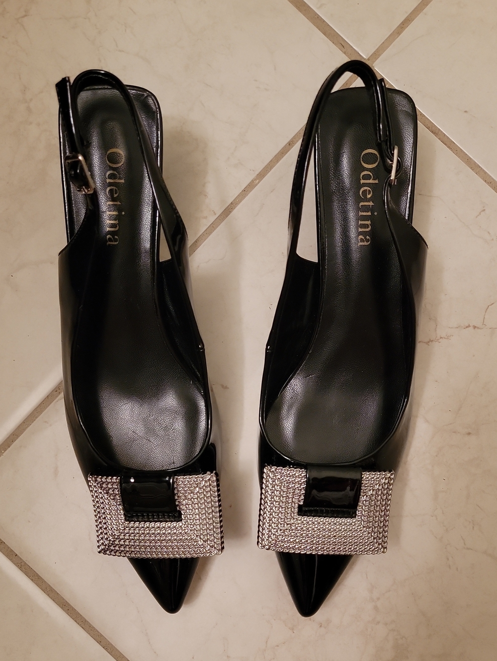 Black Slingback Pointed-Toe Heels with Decorative Buckle